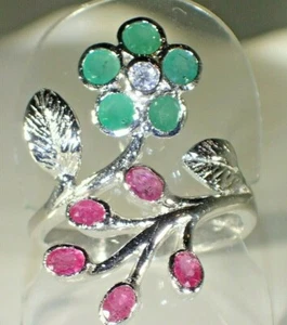 NATURAL GREEN EMERALD & RED RUBY . 925 SILVER 14k GOLD PLATED SZ 8 RING #842 - Picture 1 of 4