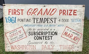 Vintage 1961 Pontiac Tempest Grand Prize Adv. Sign Washington Daily Times Rare - Picture 1 of 19