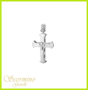 PENDENTE CROCE UOMO ORO BIANCO 18K : DIAMANTI NATURALI 0.08 CARATI - IDEA REGALO - Picture 1 of 4