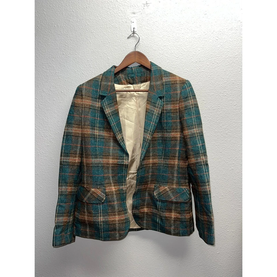 Vintage Smythe Gren Wool Plaid Blazer Brown Blue Jacket Medium USA Made - Image 1 of 4