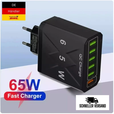 ⚡ 6-in-1 USB Ladegerät Schnellladen 65W Multi Port Adapter QC 3.0 iPhone Samsung - Bild 1 von 4