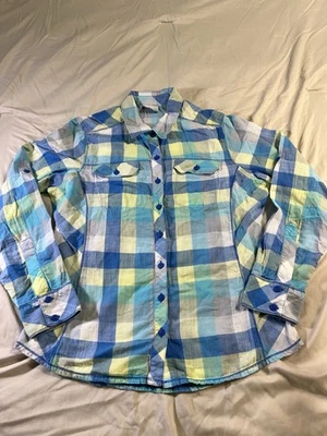 Camisa Columbia para mujer manga larga a cuadros talla grande azul/gris bolsillos abotonados Foto 1 de 4