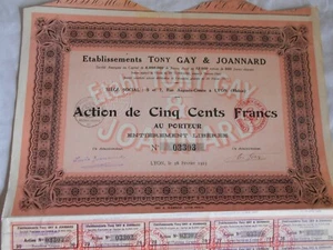 Vintage share certificate Stocks Bonds Etablissesemants Tony Gay & Joannard 1923 - Picture 1 of 2