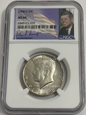 1968 D NGC MS64 Plata Kennedy Medio Dólar 50c JFK Moneda Firma Bandera Etiqueta Foto 1 de 3