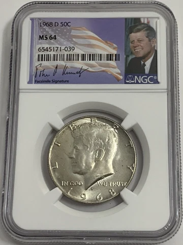 1968 D NGC MS64 SILVER KENNEDY HALF DOLLAR JFK COIN SIGNATURE FLAG LABEL 50C Cover