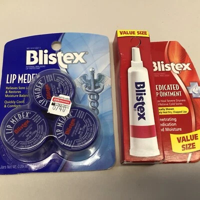 Paquete de 3 pomada labial medicada Blistex 0,35 OZ y ampolla labial Medex Foto 1 de 4