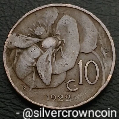 Italy 10 Centesimi 1922 R. KM#60. Ten Cents coin. Honey Bee. V. Bronze Dime. CRN — 第 1/4 张图片