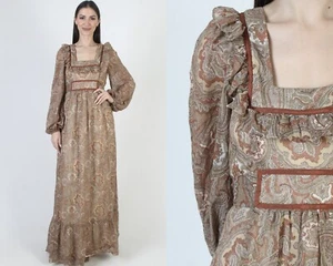 Vtg 70s Brown Prairie Dress Paisley Psychedelic Cottagecore Hippie Boho Maxi - Picture 1 of 8