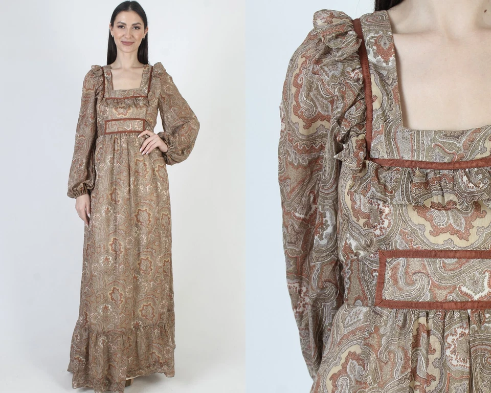 Винтажный 70-х коричневый Prairie платье пейсли психоделический коттеджкор хиппи богемное макси - Изображение 1 из 4