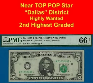 1969 5 $ Federal Reserve Note PMG 66EPQ 2nd most graded Dallas star Fr 1969-K* - Bild 1 von 4