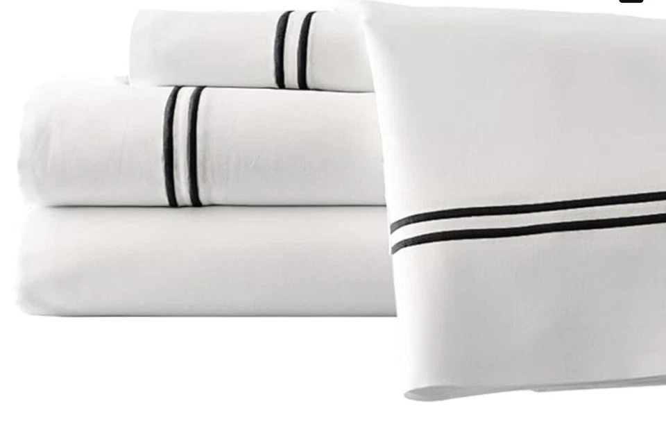 Amrapur Queen Size 4 Piece Sheet Set White/Black Double Marrow Hem 11000DMG-BLK- — 第 1/1 张图片