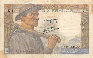 France 10 Francs 15.10.1942 Series K. 11 WW II Circulated Banknote MIT - Picture 1 of 2