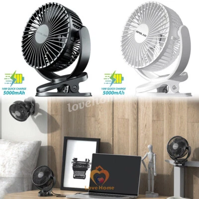 360° 5 inch Portable Desk Fan USB 3 Speeds 5 Blade Quiet Cooling 5000mAh Clip on - Image 1 of 4