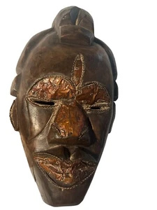 Vintage African Masks Hand Carved Wood~ 13 1/2” Applied Wire Copper Metal - Picture 1 of 15