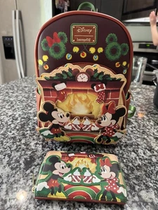 Loungefly Mickey Minnie Mouse Pluto Christmas Fireplace Backpack And Wallet Set - Picture 1 of 18