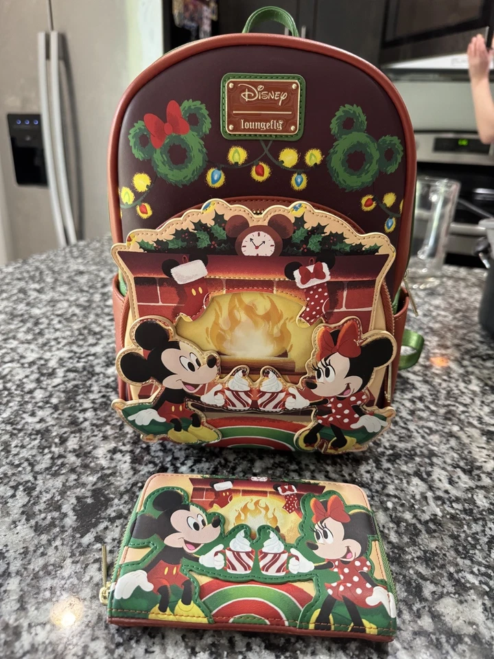 Loungefly Mickey Minnie Mouse Pluto Christmas Fireplace Backpack And Wallet Set - Image 1 of 4