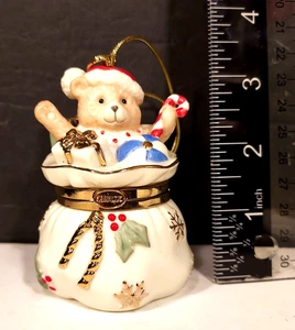 Lenox Keramik Weihnachtstasche Teddybär Zuckerstange aufklappbar Schmuckschatulle Ornament - Bild 1 von 7