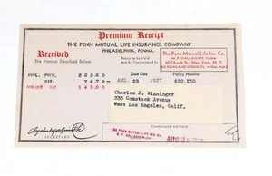 Charles Winninger 1937 Seguro de Vida Premium Recibo Actor - Imagen 1 de 2