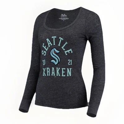 Seattle Kraken Women's Puck Hog Scoop Neck Tri-Blend L/S T-Shirt, Charcoal, XL - Image 1 of 2