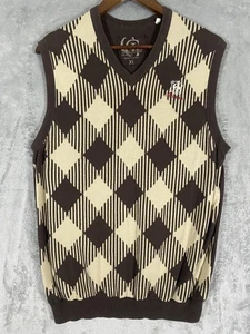 Guess Sweater Vest Mens XL Brown Beige Argyle Geometric Pattern Embroidered Logo - Picture 1 of 12