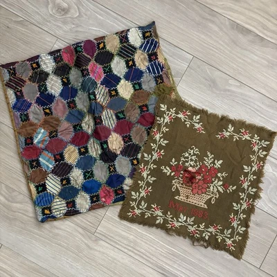 Antique 1883 Needlepoint Sampler + Victorian Silk Crazy Quilt Velvet Silk Cutter - Image 1 of 4