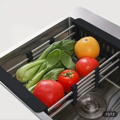 可调式不锈钢厨房餐具干燥水槽架滤网篮黑色 — 第 1/4 张图片