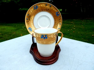 1903 HAVILAND LIMOGES CUP & SAUCER W/ GOLD ENCRUSTED EDGES & BLUE FLOWERS - Picture 1 of 16