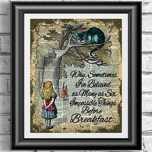 ART PRINT ON ORIGINAL ANTIQUE BOOK PAGE Vintage Alice in Wonderland Dictionary - Picture 1 of 4