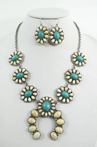 Squash Blossom Necklace and Earrings Set White and Blue Faux Turquoise stone - Picture 1 of 6