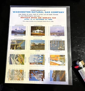 SEATTLE WORLD'S FAIR • WASHINGTON NATURAL GAS • VINTAGE 1962 POSTER STAMP SHEET - Picture 1 of 1