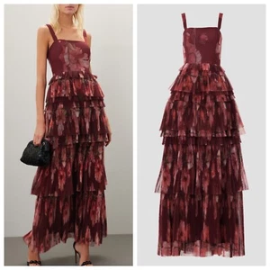 Hutch Nalina Tiered Tulle Floral Print Burgundy Maxi Dress SHORT - Size 6 - Bild 1 von 12