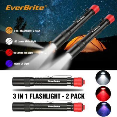 EverBrite 2 Pack Super Bright LED Flashlight Penlight 3 Modes w/AAA Battery NEW