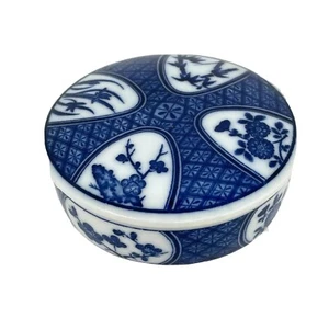 Blue White Trinket Box Japan Takahashi Porcelain Round Lid Covered Jewelry Vtg - Picture 1 of 6