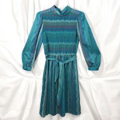 Vintage 80s Marinette Dress 14 Mock Neck Smocked Long Puffy Sleeve Sheer Striped - Image 1 of 4