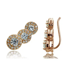 Rose Gold Flash 925 Silver CZ Three Stone Halo Crawler Climber Hook Earrings - Picture 1 of 4