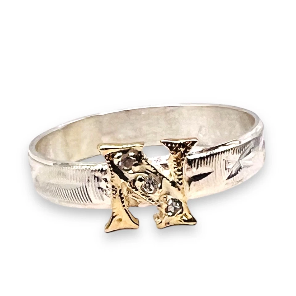 Diamond Initial Letter N 10k Yellow Gold Sterling Silver 3mm Cut Band Ring 6.25 - Image 1 of 4