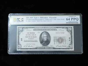 1929 $20 National Currency Note Milwaukee, Wisconsin Fr 1802-1 PCGS 64PPQ - Picture 1 of 4