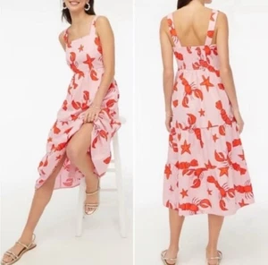 J.Crew Factory Squareneck Tiered Midi Lobster Starfish Pink Red Dress Pockets 10 - Picture 1 of 12