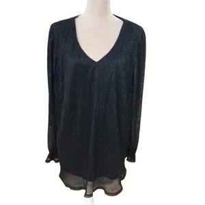 Camicetta Hanna Nikole nera a righe metallizzate scollo a V manica lunga taglie forti 20W - Foto 1 di 10