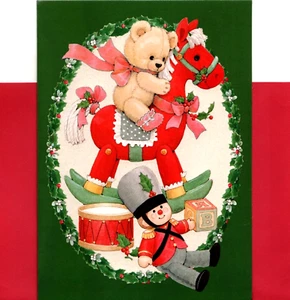 Brown Teddy Bear Rocking Horse Holly Babe Babes Ruth Morehead Christmas Card - Picture 1 of 3