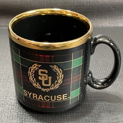 Syracuse University Coffee Cup Mug Black Plaid Gold Rim Ceramic Made In England Cover