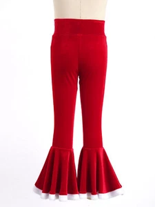 Girls Bell Bottom Ruffle Pants Christmas Velvet Trouser Leggings Flare Bottoms - Picture 1 of 17