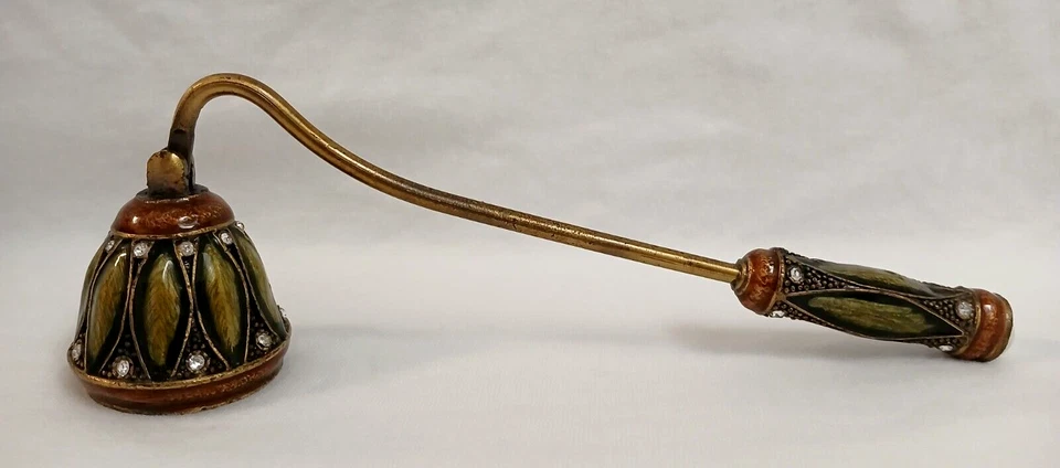 Vintage Cloisonne Brass Green Enameled w/Rhinestones Candle Snuffer 6.5" - Image 1 of 4