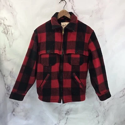 Casaco Woolrich Feminino XS Vermelho Preto Lã Zíper Vintage Mackinaw Madeira Búfalo - Imagem 1 de 4