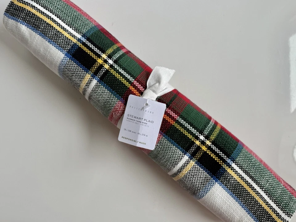 Corredor de mesa Pottery Barn Stewart a cuadros 100 % algodón, 18” x 108”, nuevo con etiquetas, venta al por menor $89 Foto 1 de 4