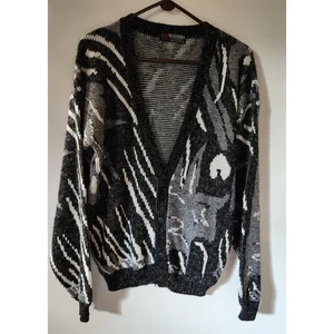 Vintage 80's Scandia Cardigan Sweater Button sz L Black/White Made in USA - Picture 1 of 3