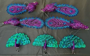 Peacock Bird Clip On Christmas Tree Ornaments Green Purple Glitter Holidays EUC - Picture 1 of 10