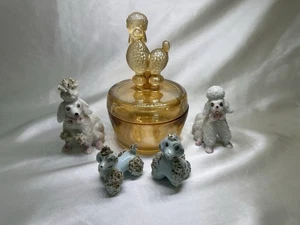Vintage LOT Jeanette Glass Poodle Trinket Box Powder Jar Iridescent Mid Century - Picture 1 of 2