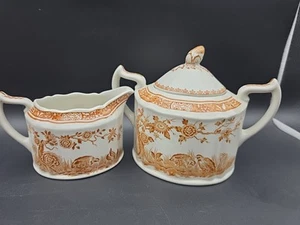 Lovely Vintage Brown Mason's Furnivals Pottery Quail Large Sugar Bowl Milk Jug - Picture 1 of 6