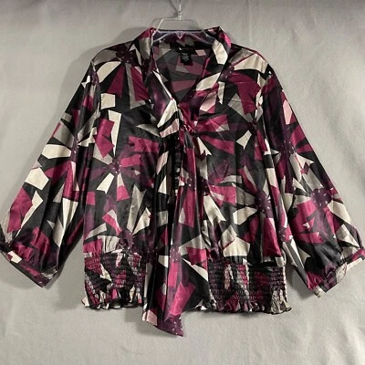 Antigo Apostrophe Feminino XL Roxo Preto Branco Estampa Gráfica Manga Longa Botão para Cima - Imagem 1 de 4